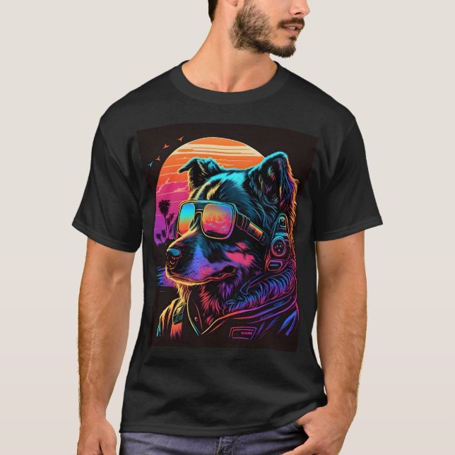 Bark to the Future: 80s Synthwave Dog Graphic T-Shirt (Front)