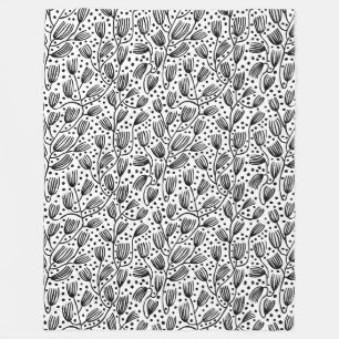 Barkcloth Style Pattern - Black on White Fleece Blanket