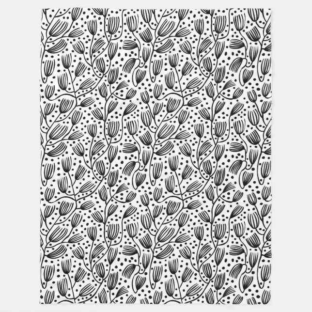 Barkcloth Style Pattern - Black on White Fleece Blanket (Front)