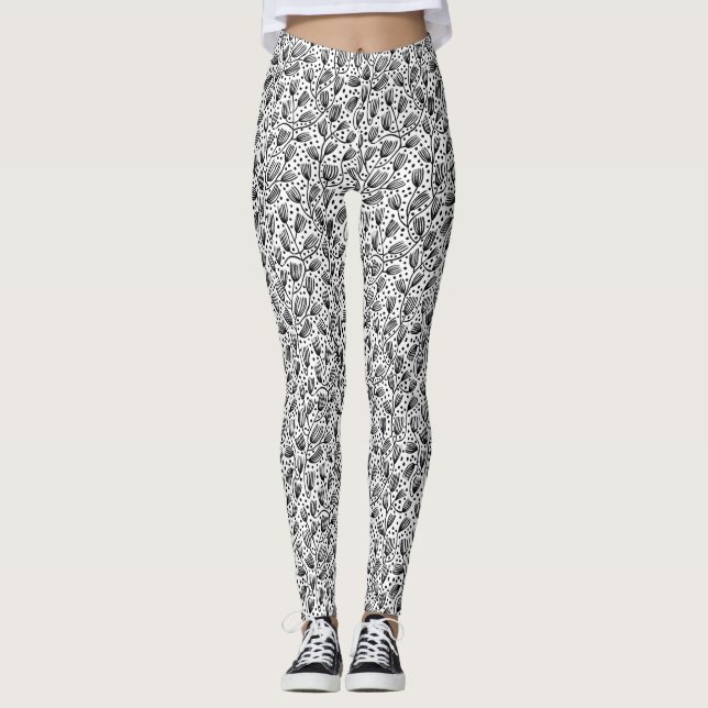 Barkcloth Style Pattern - Black on White Leggings (Front)