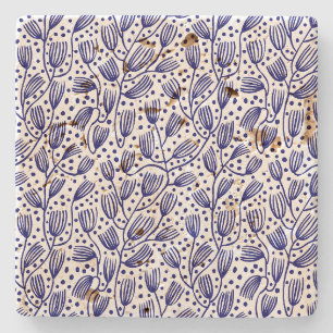 Barkcloth Style Pattern - Dark Blue on White Stone Coaster