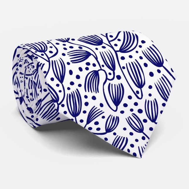 Barkcloth Style Pattern - Dark Navy on White Tie (Rolled)