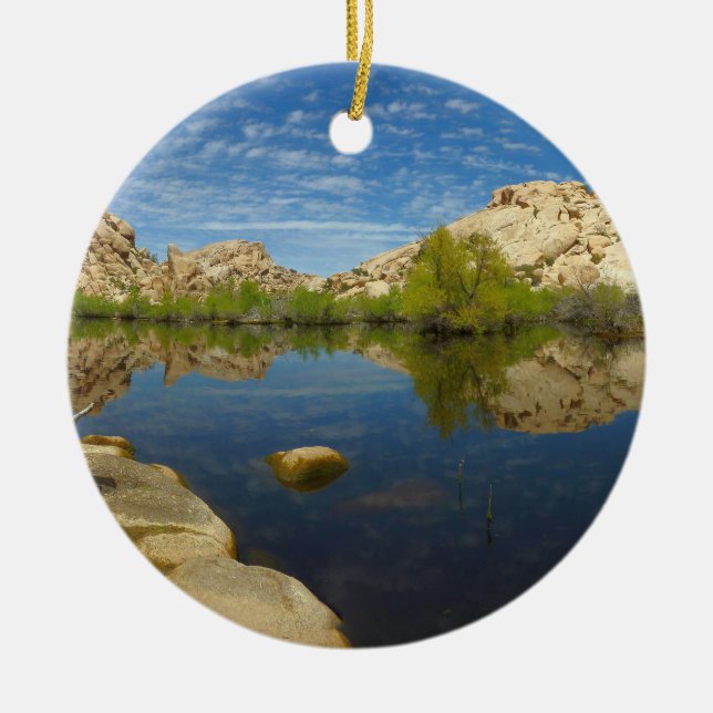 Barker Dam Reflection at Joshua Tree II Ceramic Tree Decoration (Front)