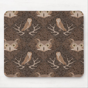 Barn and Hoot Owl Over a Brown Moss Pattern Mouse Mat