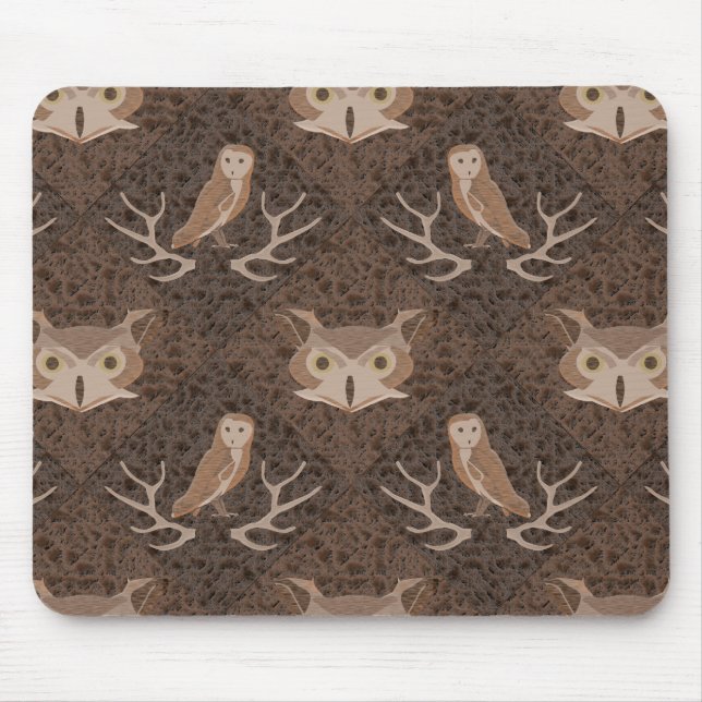 Barn and Hoot Owl Over a Brown Moss Pattern Mouse Mat (Front)