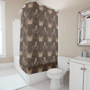 Barn and Hoot Owl Over a Brown Moss Pattern Shower Curtain