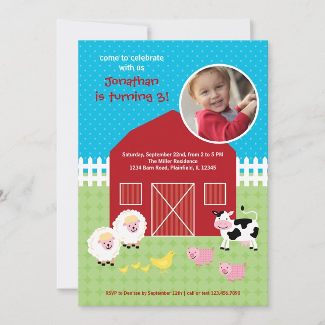 Barn Animals Birthday Photo Invitation (Front)