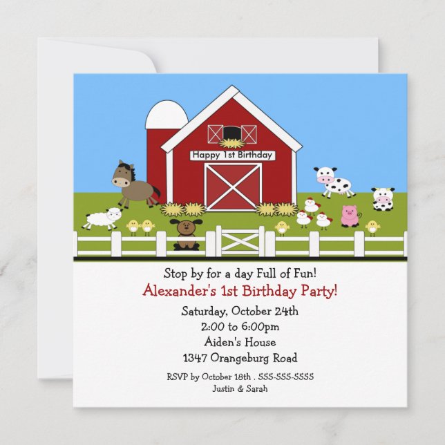 Barn Animals Fun 1st Birthday Invitation (Front)