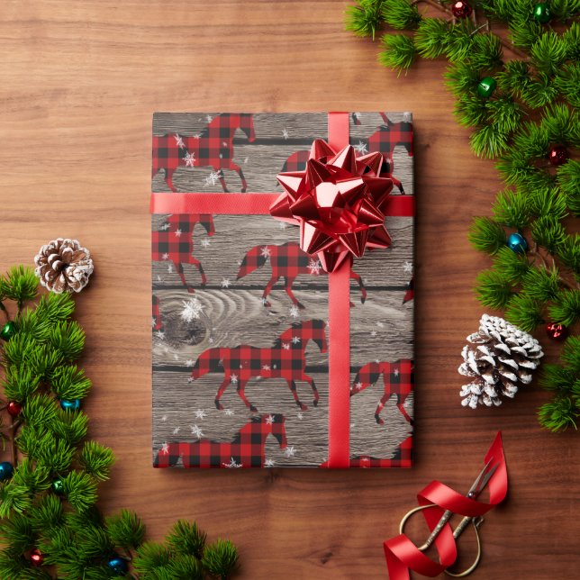 Barn Board Snowy Buffalo Plaid Christmas Horse Wrapping Paper (Holiday Gift)