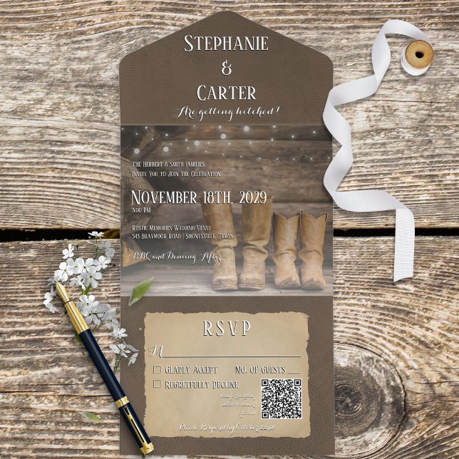 Barn & Boots Rustic Cowboy Western QR Code All In One Invitation (Creator Uploaded)