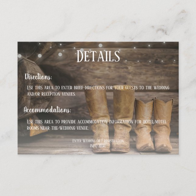 Barn & Boots Rustic Cowboy Western Wedding Details Enclosure Card (Front)