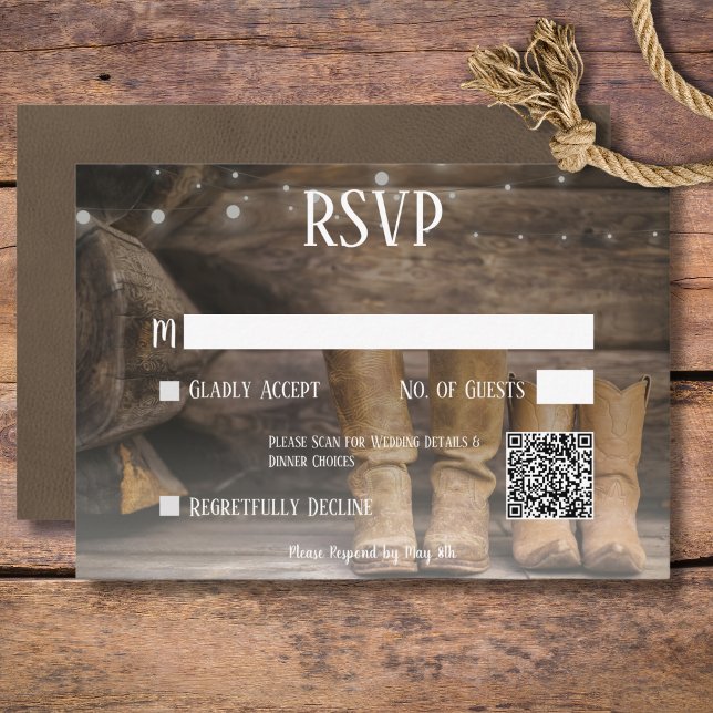 Barn & Boots Rustic Cowboy Western Wedding QR Code RSVP Card (Rustic Boots for Two Cowboy Wedding QR Code RSVP Card)