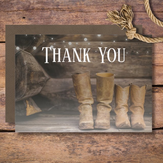 Barn & Boots Rustic Cowboy Western Wedding Thank You Card (Rustic Boots for Two Cowboy Wedding Thank You Card)