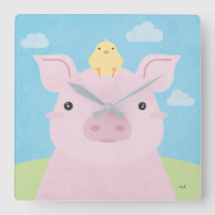 Barn Buddies - Piglet & Chick Square Wall Clock
