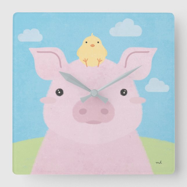 Barn Buddies - Piglet & Chick Square Wall Clock (Front)