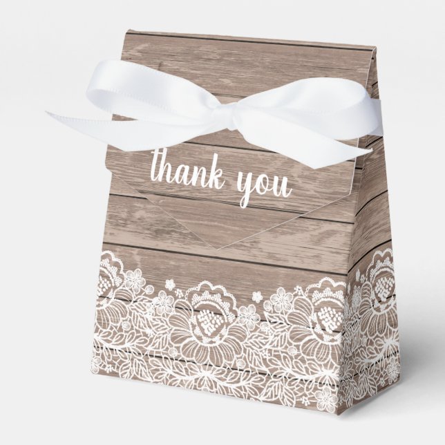Barn Chic Rustic Brown Wood White Lace Wedding Favour Box (Front Side)