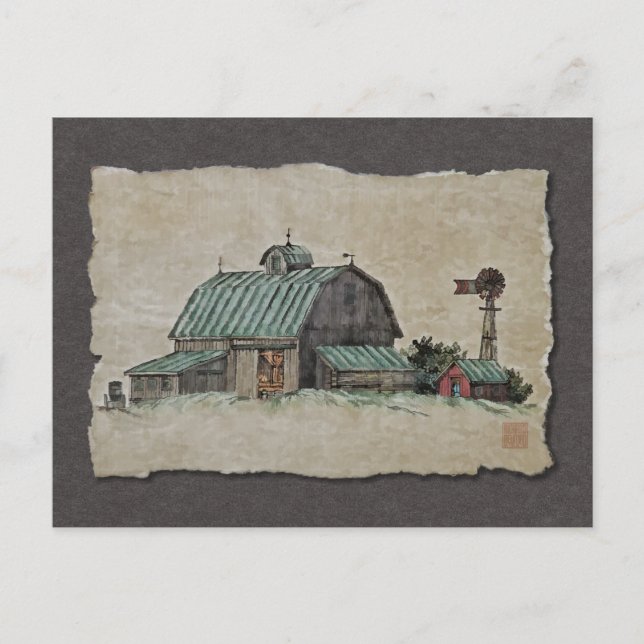 Barn Corn Crib & Windmill Postcard (Front)