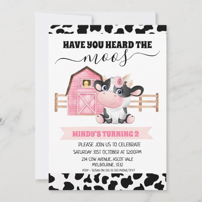 Barn Cow Print Have You Heard The Moos Birthday Invitation (Front)