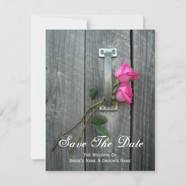 Barn Door and Pink Roses Wedding Save The Date (Front)