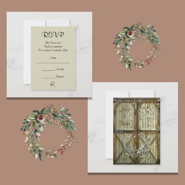 Barn Door and Rose Floral Country Wedding RSVP Card (Creator Uploaded)