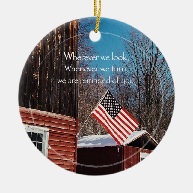 Barn Flag Patriotic Reminders All Around Ceramic Tree Decoration (Front)