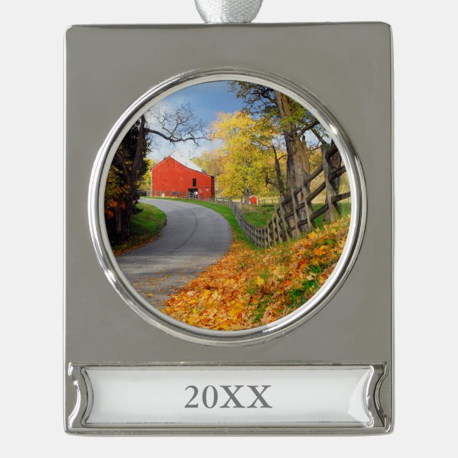 Barn in Fall Silver Plated Banner Ornament (Front)