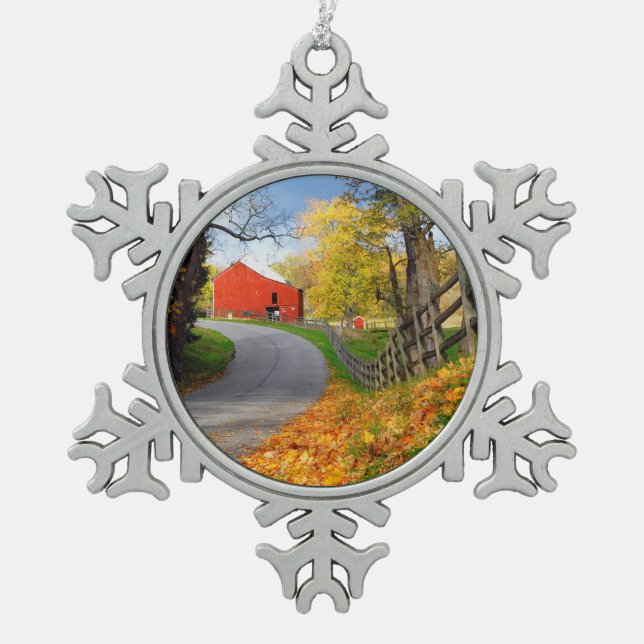 Barn in Fall Snowflake Pewter Christmas Ornament (Front)