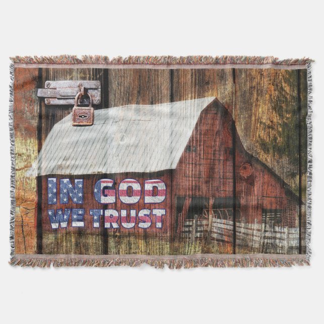 Barn In God We Trust American Flag Throw Blanket (Front)