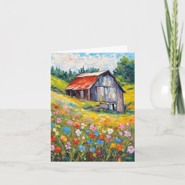 Barn In Wildflower Field Note Card (Front)