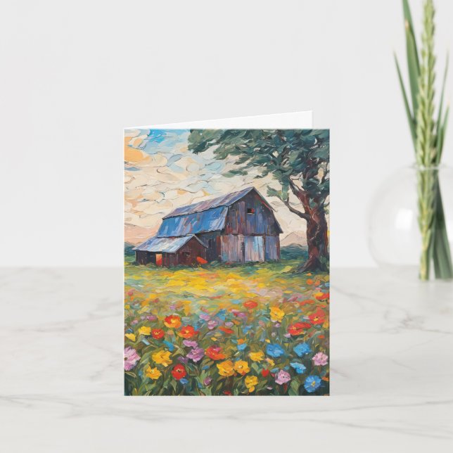 Barn In Wildflower Field Note Card (Front)