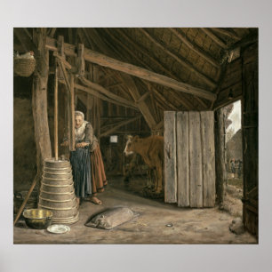 Barn Interior with a Maid Churning Butter Poster