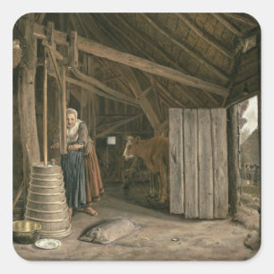 Barn Interior with a Maid Churning Butter Square Sticker