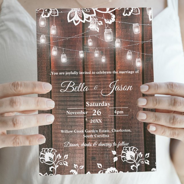 Barn Lace Rustic Wood String Light Country Wedding Invitation (Rustic Wood String Lights Wedding Invitation | Barn Lace Wood Country Wedding Invite)