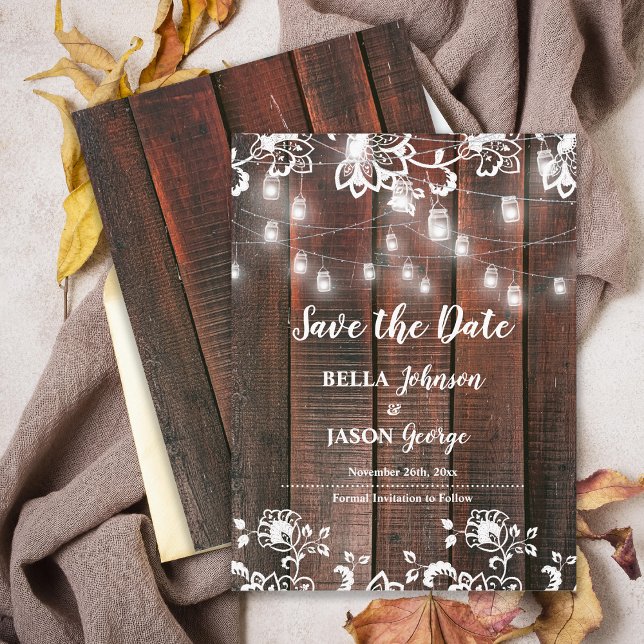 Barn Lace Rustic Wood String Lights Wedding Announcement Postcard (Rustic Wood String Lights Wedding Announcement Postcard | Barn Lace Wood Marriage Announcement)