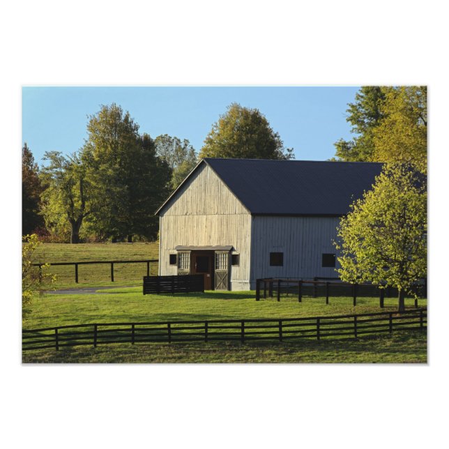 Barn on thoroughbred horse farm at sunrise, photo print (Front)