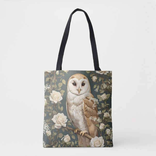 Barn Owl And White Roses William Morris Inspired Tote Bag (Front)