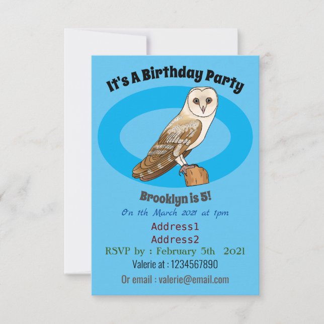 Barn owl bird cartoon illustration invitation (Front)