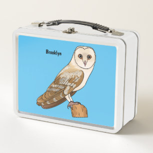 Barn owl bird cartoon illustration  metal lunch box