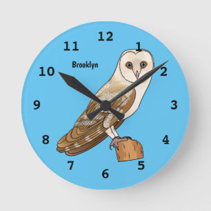 Barn owl bird cartoon illustration round clock