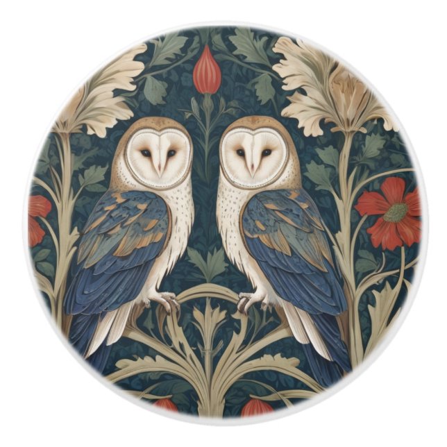 Barn Owl Couple William Morris style two owls Ceramic Knob (Front)