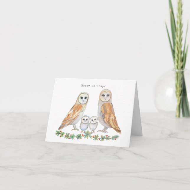Barn Owl Family of Four Pretty woodland Christmas Card (Front)