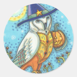 BARN OWL FOLK ART, HALLOWEEN BIRD STICKERS Round