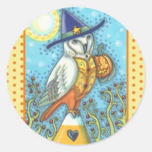 BARN OWL FOLK ART, HALLOWEEN BIRD STICKERS Round