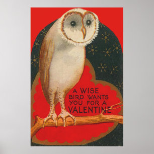 Barn Owl Heart Tree Stars Valentine Poster