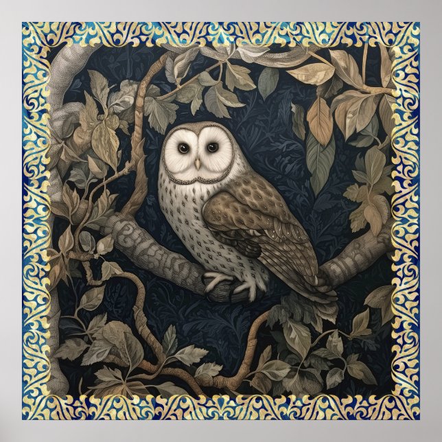 Barn Owl in a Night Forest William Morris Style Poster (Front)