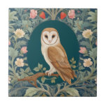 Barn Owl in Oval William Morris style Left facing Tile<br><div class="desc">"elegant classic art nouveau", "flowery brown barn owl Bird", "green white nocturnal animals", "british william morris ceramic tile", "leafy dark teal blue pink", "stylish rustic leaf lbranch eaves", "left facing vintage rustic birds", "garden strawberry woodland animal", "nature floral flower botanical", "red flowers traditional antique"</div>