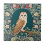 Barn Owl in Oval William Morris style Right facing Tile<br><div class="desc">"elegant classic art nouveau",  "flowery brown barn owl Bird",  "green white nocturnal animals",  "british william morris ceramic tile",  "leafy dark teal blue pink",  "stylish rustic leaf lbranch eaves",  "right facing vintage rustic birds",  "garden strawberry woodland animal",  "nature floral flower botanical",  "red flowers traditional antique"</div>