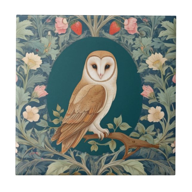 Barn Owl in Oval William Morris style Right facing Tile (Front)