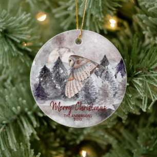 Barn Owl Moon Watercolor Forest Christmas Ornament