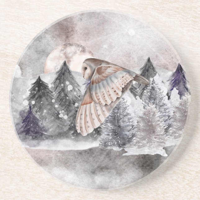 Barn Owl Moon Watercolor Forest Sandstone Coaster (Front)